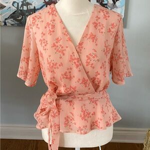 Loft Women’s Pink Floral Wrap Blouse with Tie